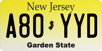 NJ license plate A80YYD