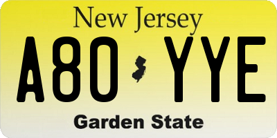 NJ license plate A80YYE
