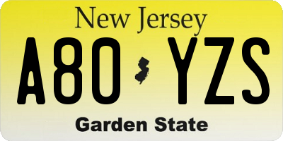NJ license plate A80YZS