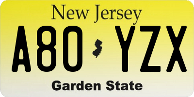 NJ license plate A80YZX