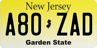 NJ license plate A80ZAD
