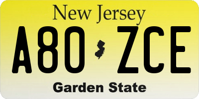 NJ license plate A80ZCE