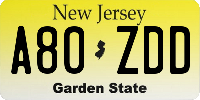 NJ license plate A80ZDD