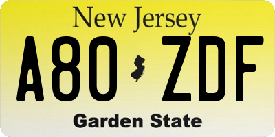 NJ license plate A80ZDF