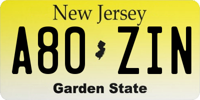 NJ license plate A80ZIN