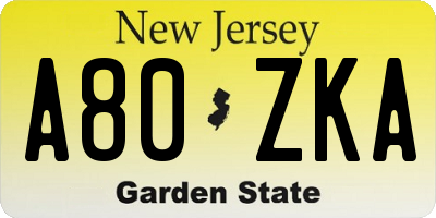 NJ license plate A80ZKA