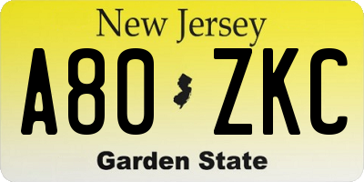 NJ license plate A80ZKC