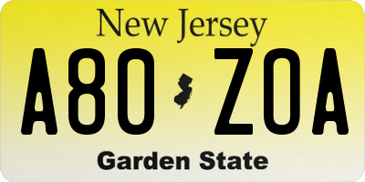 NJ license plate A80ZOA