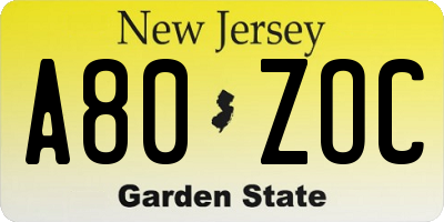 NJ license plate A80ZOC