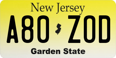 NJ license plate A80ZOD