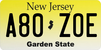 NJ license plate A80ZOE