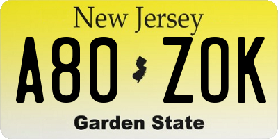 NJ license plate A80ZOK