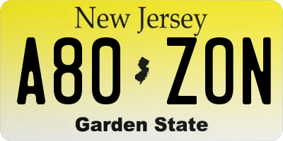 NJ license plate A80ZON