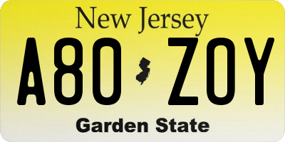 NJ license plate A80ZOY