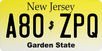 NJ license plate A80ZPQ