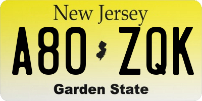 NJ license plate A80ZQK