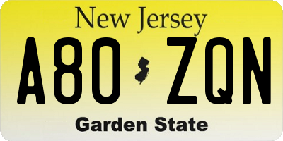 NJ license plate A80ZQN