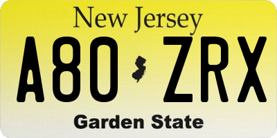NJ license plate A80ZRX