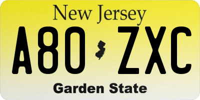 NJ license plate A80ZXC