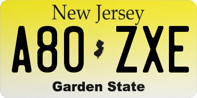 NJ license plate A80ZXE