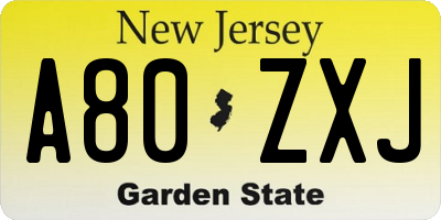 NJ license plate A80ZXJ
