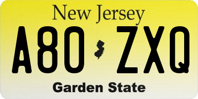 NJ license plate A80ZXQ
