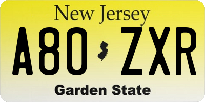 NJ license plate A80ZXR