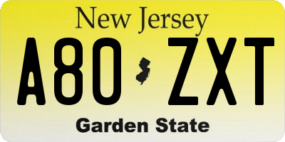 NJ license plate A80ZXT