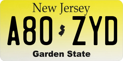 NJ license plate A80ZYD