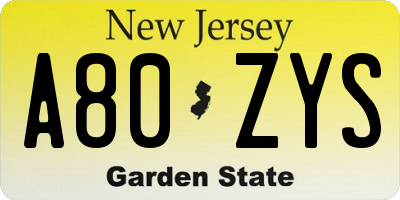 NJ license plate A80ZYS