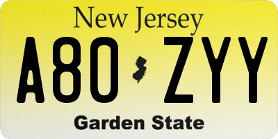NJ license plate A80ZYY
