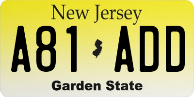 NJ license plate A81ADD