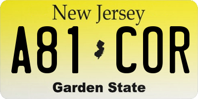 NJ license plate A81COR