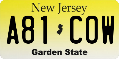 NJ license plate A81COW