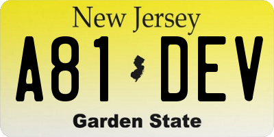 NJ license plate A81DEV