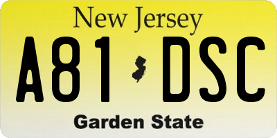 NJ license plate A81DSC