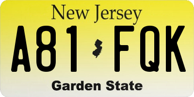 NJ license plate A81FQK
