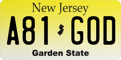 NJ license plate A81GOD