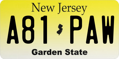 NJ license plate A81PAW