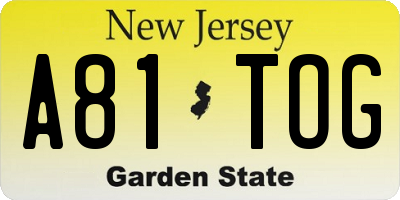 NJ license plate A81TOG