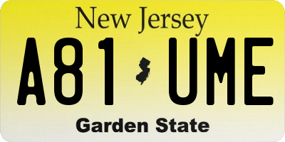 NJ license plate A81UME