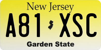 NJ license plate A81XSC