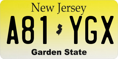 NJ license plate A81YGX