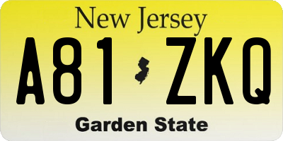 NJ license plate A81ZKQ