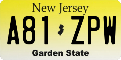 NJ license plate A81ZPW