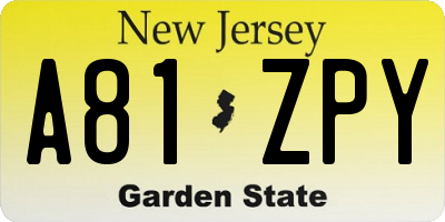 NJ license plate A81ZPY