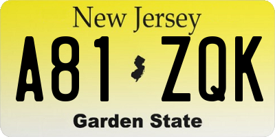 NJ license plate A81ZQK