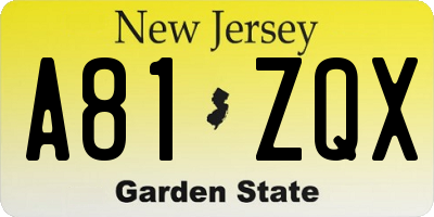 NJ license plate A81ZQX