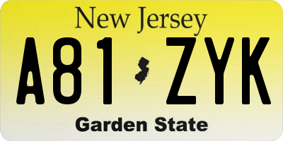 NJ license plate A81ZYK