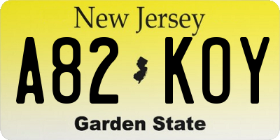 NJ license plate A82KOY